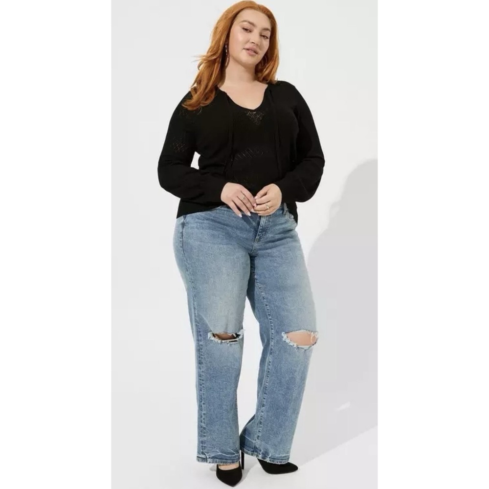 Torrid Tie Neck Pointelle Lace Open Knit V Neck Sweater Black Size 2X Boho